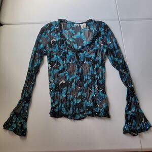 Y2K Fairy Grunge Whimsigoth Jrs L Black Butterfly Sequin Sheer Long Sleeve Top